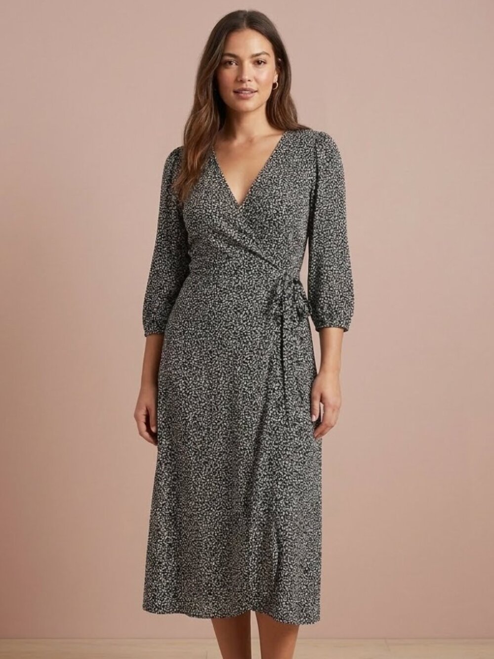 Black and White Wrap Dress with Three-Quarter length sleeve, GAP, Size 10 Petite